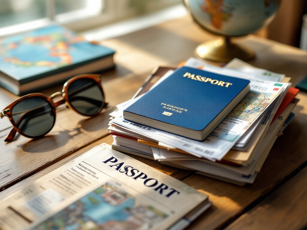 Stack of neatly organized travel documents including passport and photos for Djibouti eVisa application